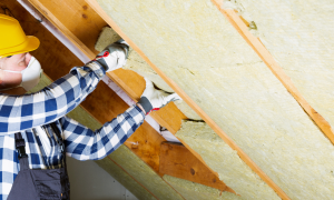 Man installing insulation in attic