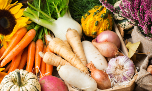 A collection of vegetable and flowers on a table.