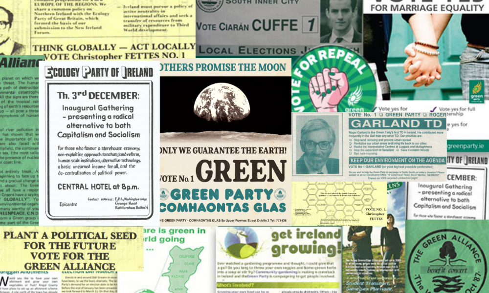 A collage of election material from the Green Party over the past 40 years