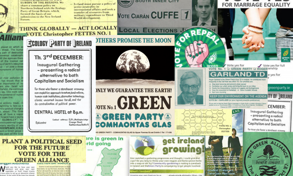 A collage of election material from the Green Party over the past 40 years 