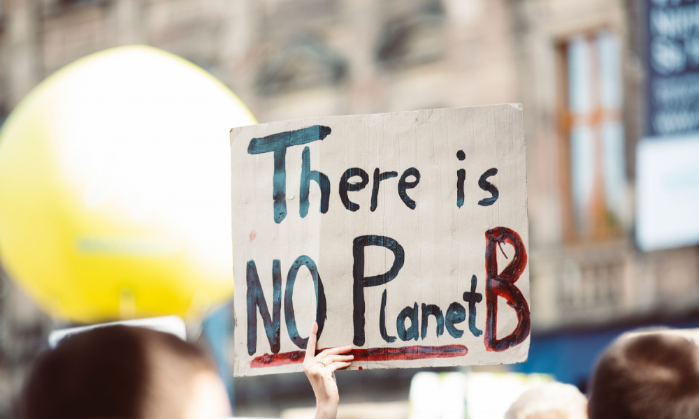 A sign at a climate change protest reads, "There is No Planet B"