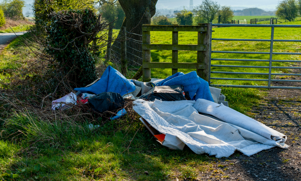 Rubbish dumped on a country lane.
