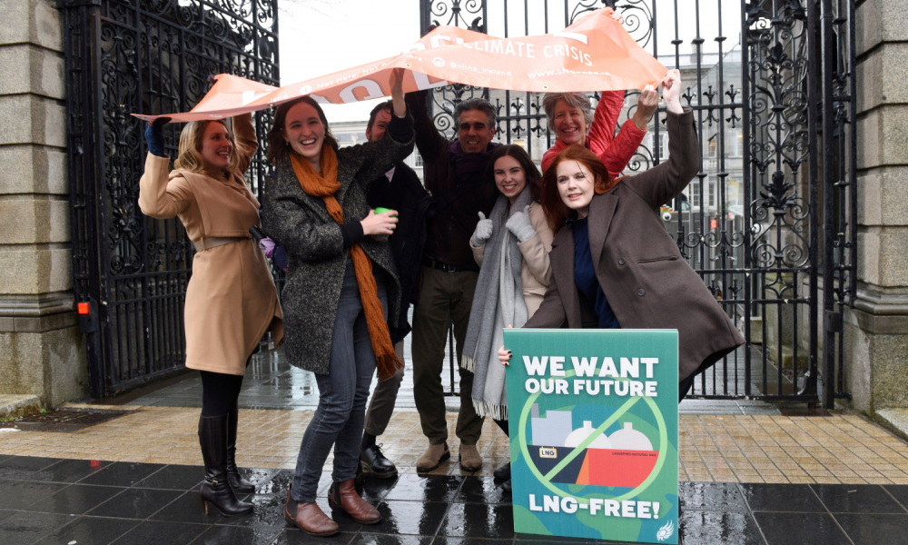 Neasa Hourigan TD with Not Here Not Anywhere group outside the Dáil.