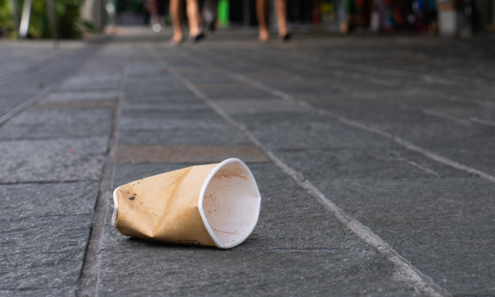 A used paper coffee cup dropped on the street