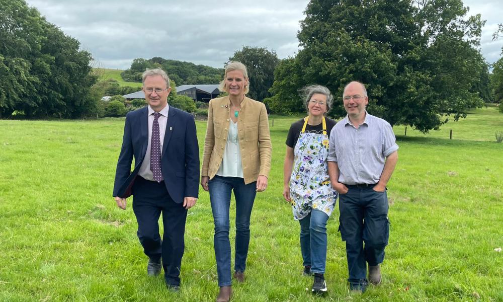 Minister Pippa Hackett with Dr Frank O'Mara, Alison Duck and Dominic Leonard of Castlewood Organic Farm, Durrow