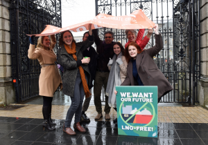 Neasa Hourigan TD with Not Here Not Anywhere group outside the Dáil.