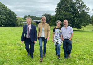 Minister Pippa Hackett with Dr Frank O'Mara, Alison Duck and Dominic Leonard of Castlewood Organic Farm, Durrow